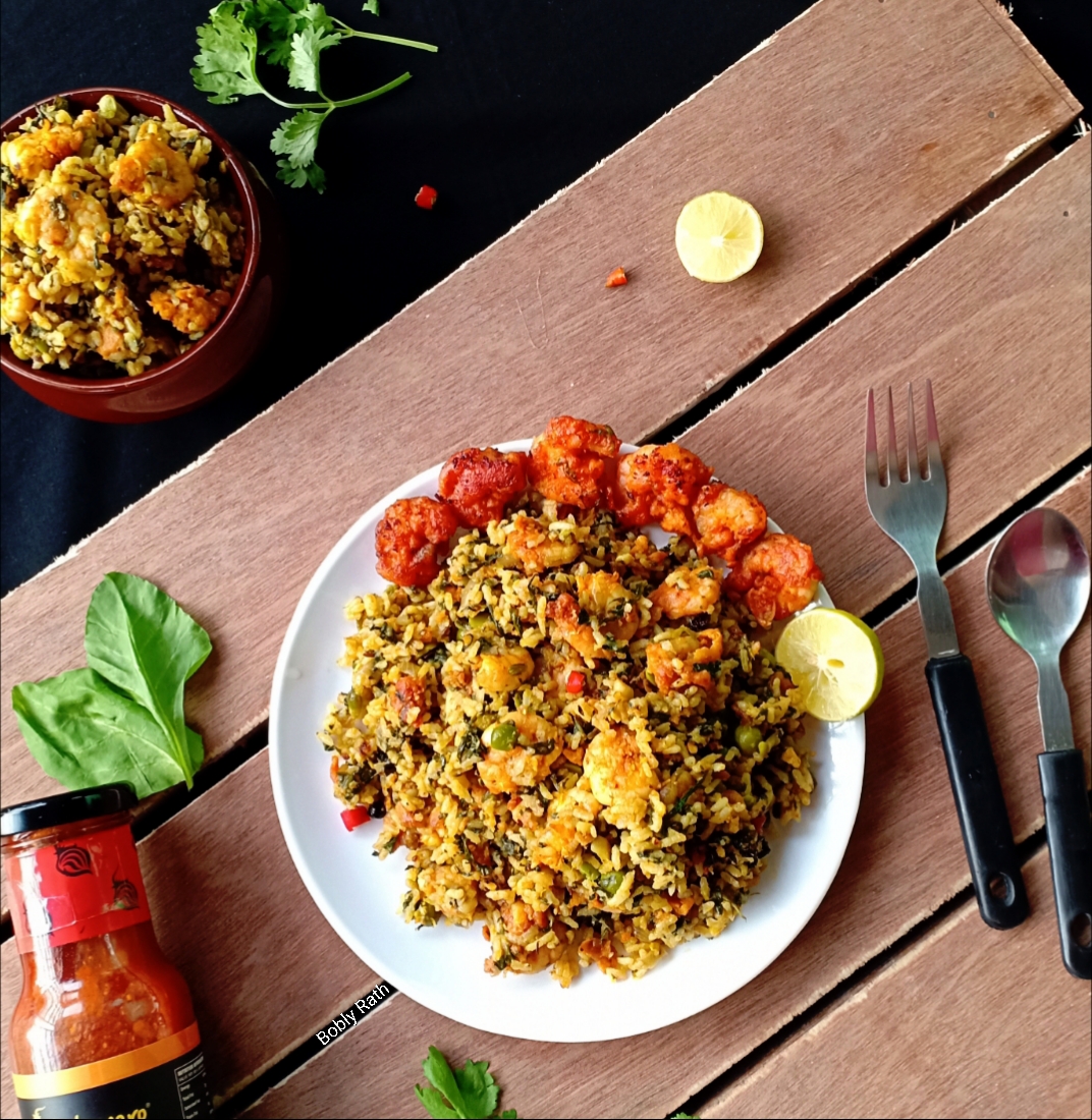 Peri Peri prawn fritters in spicy spinach rice Recipe Peri Peri prawn fritters in spicy spinach rice Recipe