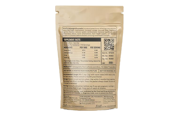 Grow Fit Organic Ashwagandha Powder    Pack   